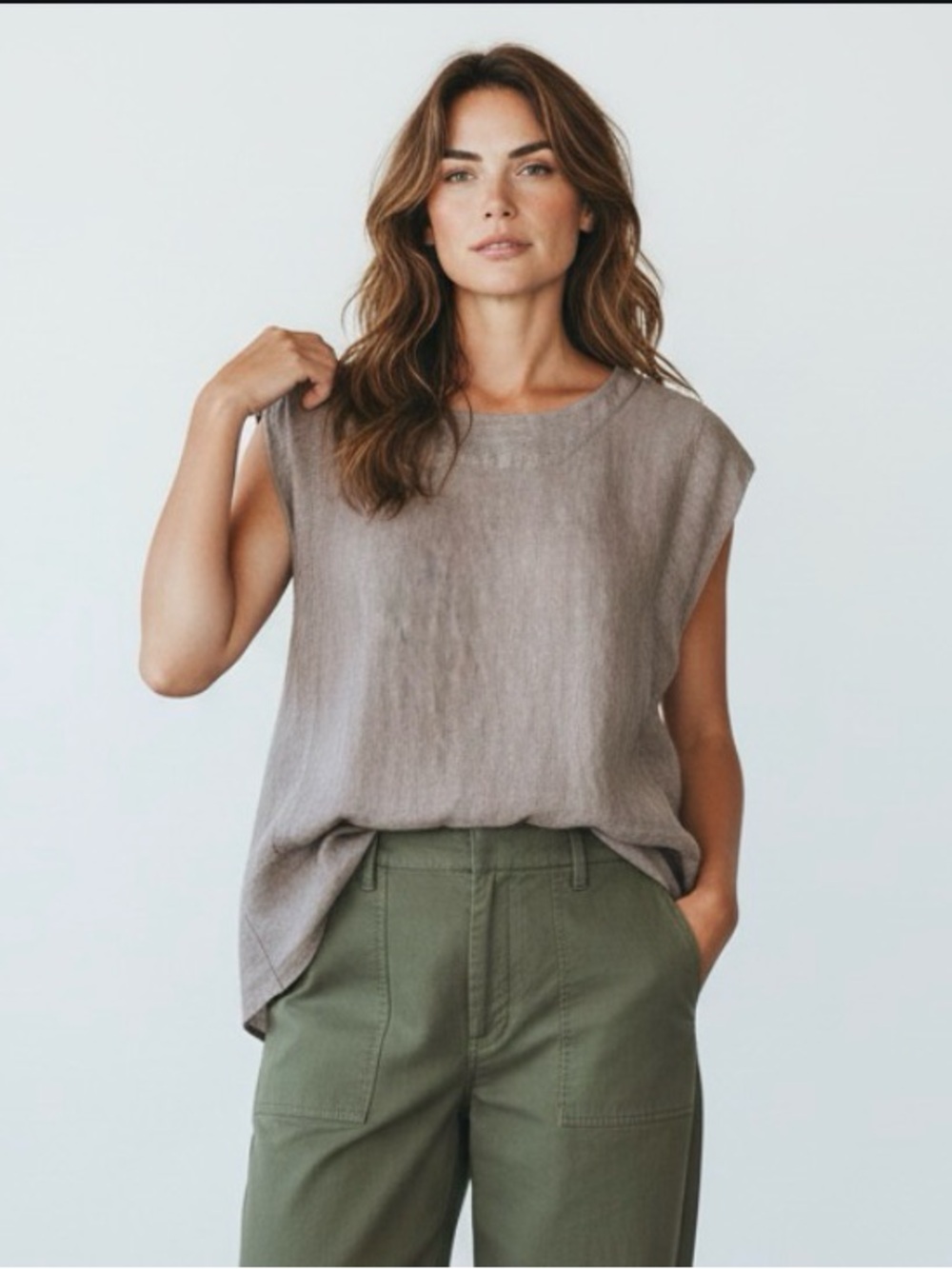 VIVID LINEN Top. Taupe/Grey/Flax Short-Capped Sleeve 100% Linen.